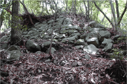 宇佐山の険しい山道に残された城の石垣